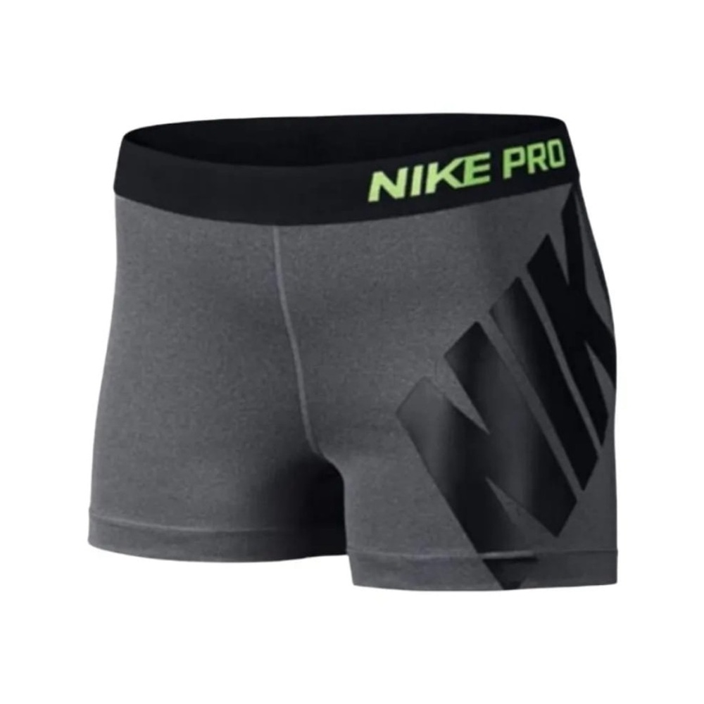 Nike Pro Women’s Charcoal Gray Bike Shorts with Neon Green Logo